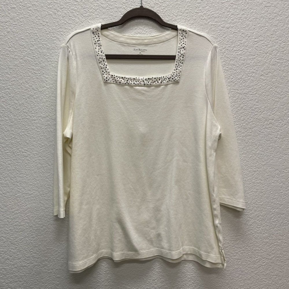 Kim Rogers Curvy Womens 2X Ivory Shirt Top Pullover Cotton Knit Embellished